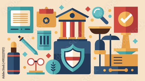 Flat Design Illustration of Legal System and Justice Elements with Government, Law, and Order Icons