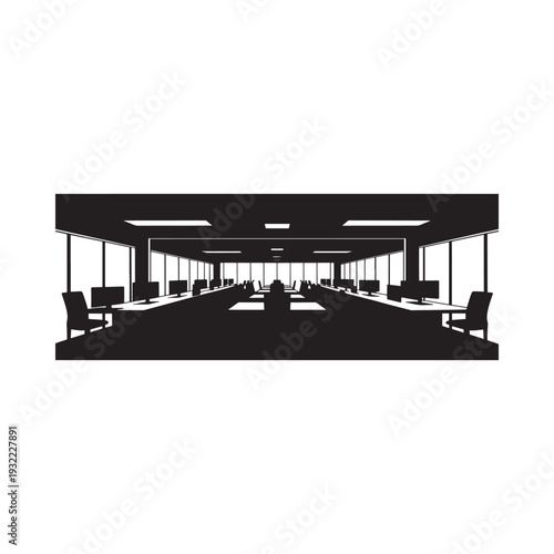 A stark black silhouette of a large empty office space with desks