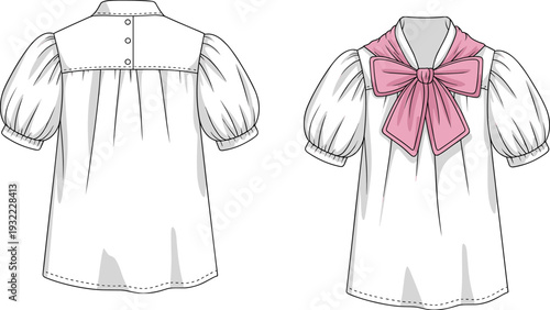 Girls dress back view illustration with puff sleeves and large pink bow, children fashion flat design isolated on white