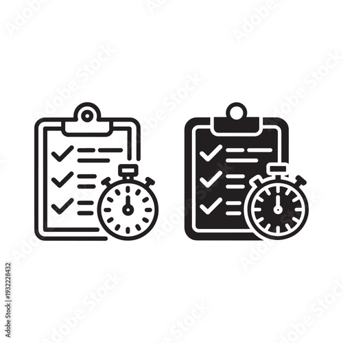 Foto Two clipboard icons with checkmarks and a stopwatch outlined in black