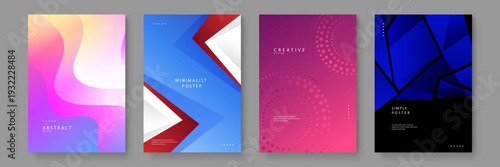 Four unique poster designs ranging from liquid fluid shapes to sharp geometric polygons and dotted patterns for versatile branding options