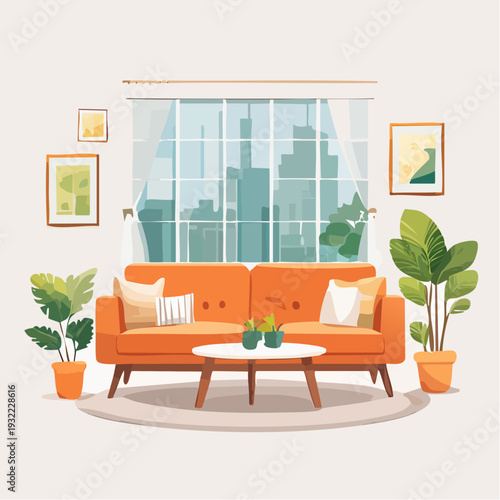 Cozy Living Room Scene with Orange Sofa and City View Window