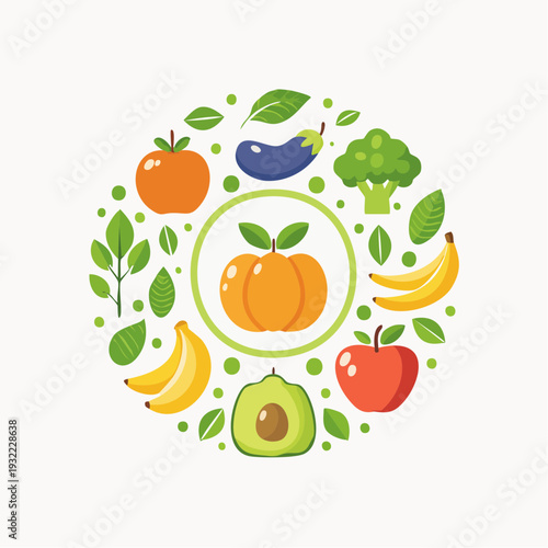 A circular arrangement of fresh fruits and vegetables symbolizing healthy eating and lifestyle