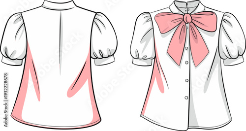 Girls blouse back view illustration with puff sleeves and pink bow accent, children fashion flat design isolated on white