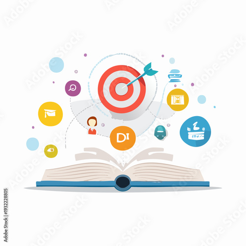Open book with goal and achievement icons, symbolizing learning, success, and business growth