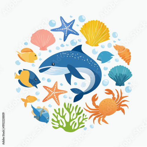 Whimsical Underwater Ocean Life Circular Design Featuring Marine Animals and Coral