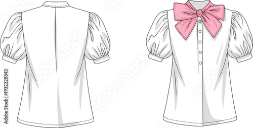 Girls blouse back view illustration with puff sleeves and pink bow detail, fashion flat design isolated on white background