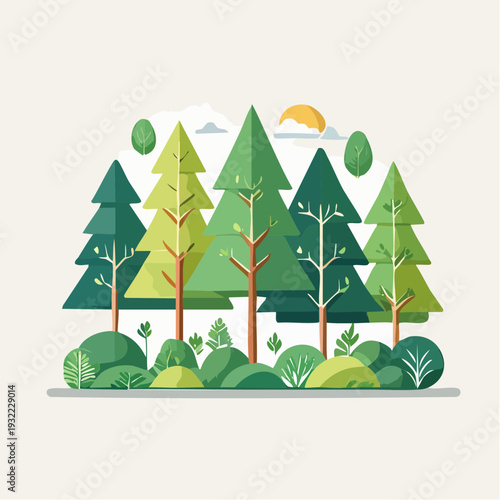 Stylized vector illustration of a vibrant natural forest landscape with green trees and lush foliage under a sunny sky, embodying environmental harmony
