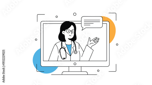 Professional female doctor provides an online medical consultation to a patient through a computer monitor with a speech bubble.