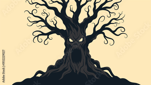 Spooky tree with a monstrous face and glowing eyes stands against a pale background for a dark and eerie halloween theme.