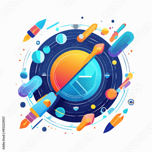 Dynamic illustration of a conceptual space-time portal with rockets and cosmic elements, symbolizing progress and innovation