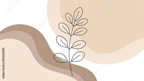 Minimalist botanical illustration featuring a simple leaf branch over soft abstract beige and brown wavy shapes background.