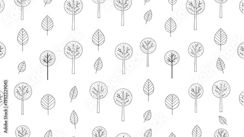 Minimalist seamless pattern displays various simple tree and leaf icons in black line art for a clean nature themed design.