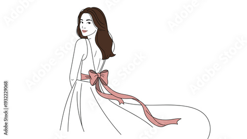 Elegant illustration of a woman in a long white dress with a large dusty pink bow on her back looking over her shoulder with a smile.