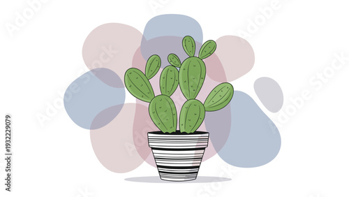 Green prickly pear cactus in a striped pot displayed in front of soft abstract colorful blobs for a modern botanical art.