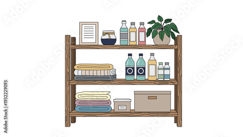 Well-organized wooden storage shelf features neatly folded towels, various bottles of supplies, a houseplant, and storage boxes.