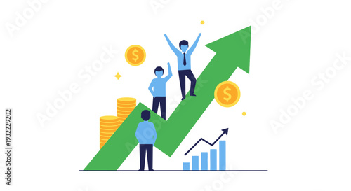Business team celebrating success on rising arrow with coins and chart
