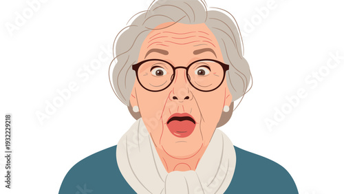 Senior woman with short grey hair and glasses shows a surprised and shocked expression with her mouth open and eyes wide.