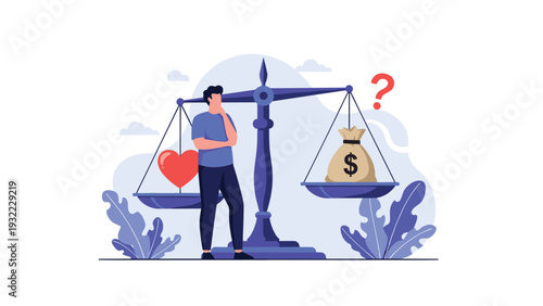 Thoughtful man stands between scales balancing a red heart against a bag of money representing the conflict of love versus wealth.