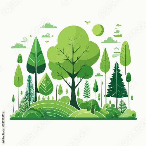 Vibrant green forest landscape illustration with diverse trees and rolling hills