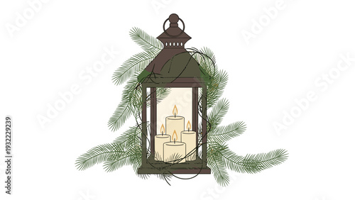 Decorative black lantern holding lit white candles is surrounded by evergreen pine branches for a cozy winter holiday atmosphere.