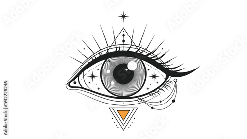 Mystical eye illustration incorporates celestial stars and geometric triangle shapes in a detailed black and white graphic art style.