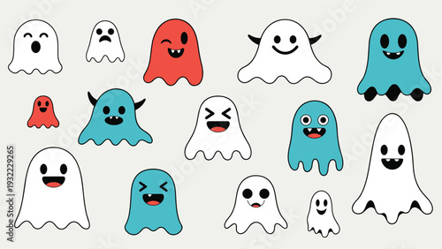 Fun collection of various colorful cartoon ghosts and monsters with different funny facial expressions for a halloween theme.