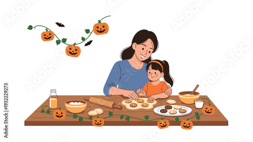 Young woman and a little girl enjoy baking together at a wooden table decorated with festive pumpkin garlands for Halloween.