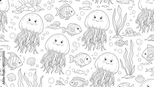 Detailed black and white coloring page features an underwater scene filled with jellyfish, fish, shells, and marine seaweed.