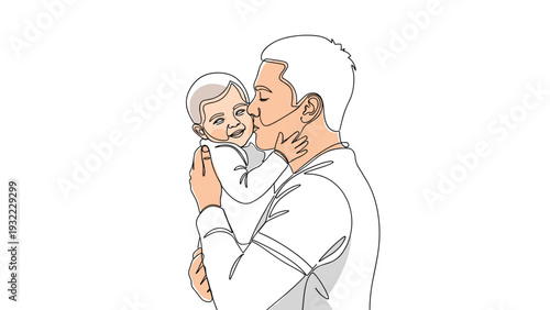 Simple line art drawing shows a loving father tenderly holding and kissing his happy baby on the cheek in a cozy moment.
