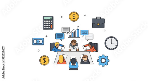 Business team meeting around table with financial and time elements