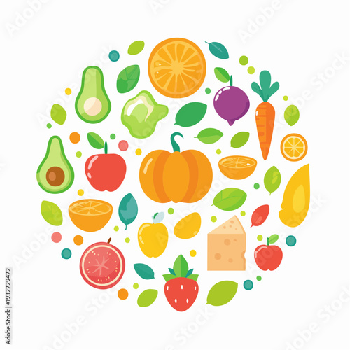 Assortment of fresh and vibrant fruits and vegetables arranged in a circular pattern