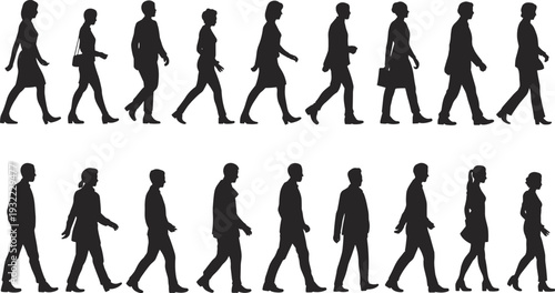 Diverse business people walking silhouettes collection, professional men and women side view isolated on white background illustration set