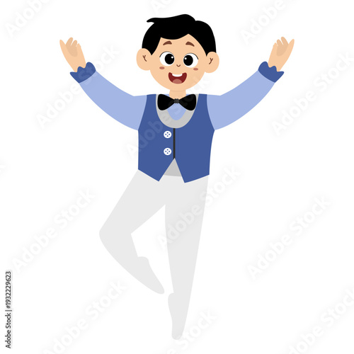 Cute little boy ballet dancer practicing ballet. Cute little boy wear beautiful ballerina costume. This illustration is isolated on a white background.