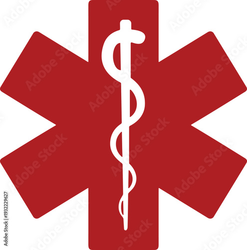 Medical star of life icon, emergency healthcare symbol with rod of Asclepius, ambulance service sign, rescue aid, flat vector illustration