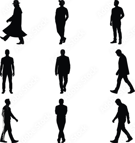 Compilation of male silhouettes in trench coats and suits, depicted in walking and standing postures, presented as vector graphics on white.