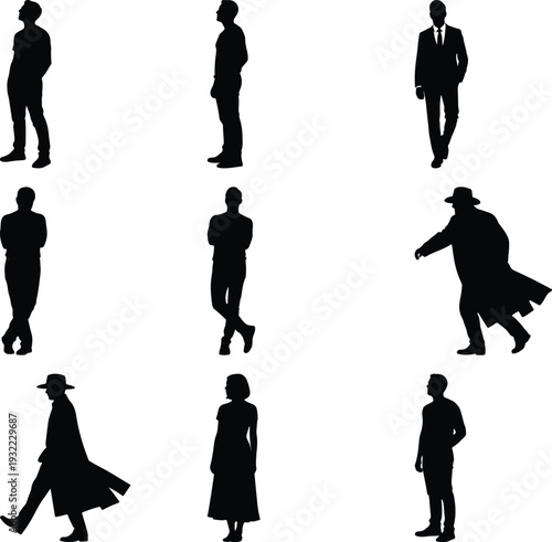 Assortment of male and female silhouettes showcasing formal wear and trench coats, captured in dynamic poses on a clean white backdrop.