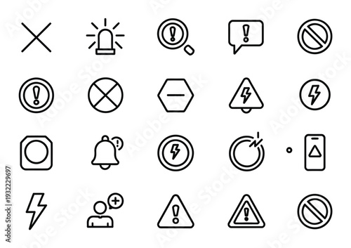 Alert risk sign line icon set with caution, warning and exclamation mark symbols in thin editable stroke style vector illustration.