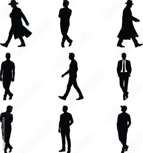 Nine distinct male silhouettes in varied poses and attire, including formal and casual, captured against a clean white background.