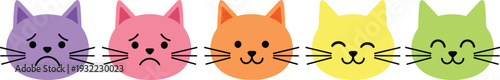 Cute colorful cat face vector illustration set showing different emotions, simple cartoon animal expressions isolated on white background for playful design