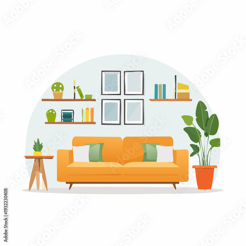 Cozy Living Room Interior with Orange Sofa and Indoor Plants