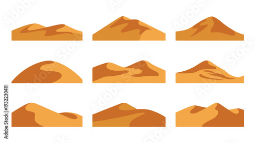 A vibrant collection of nine distinct sand dune illustrations, depicting diverse desert landforms. This versatile set is perfect for graphic design, web content, and environmental themes