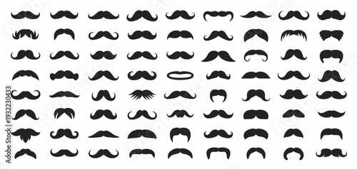 Creative mustache silhouette vector mega collection, vintage hipster facial hair icons isolated on white background for barber branding