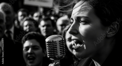 Voice of Change: A passionate speaker delivers a powerful message, her words echoing through a crowd of engaged listeners, the vintage microphone amplifying her call.