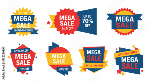 Colorful mega sale badges promotional labels and discount offers