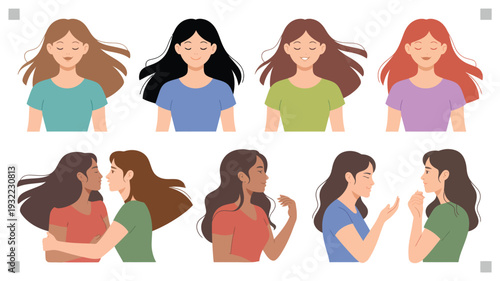 A Minimalist Flat Design Illustration Showcasing Diverse Women in Various Poses and Interactions, Celebrating Individuality and Connection