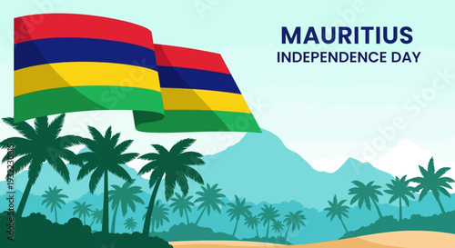 Mauritius Flag Waving with Palm Trees Silhouette.
