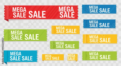 Colorful mega sale banners and ribbons on transparent background