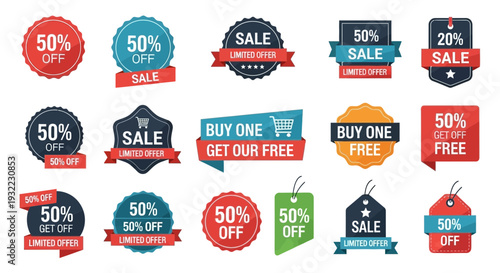 Colorful promotional labels and badges for sales and discounts vector design elements
