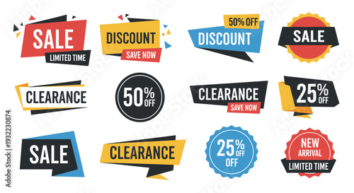 Colorful promotional sale and discount banners for commerce and marketing